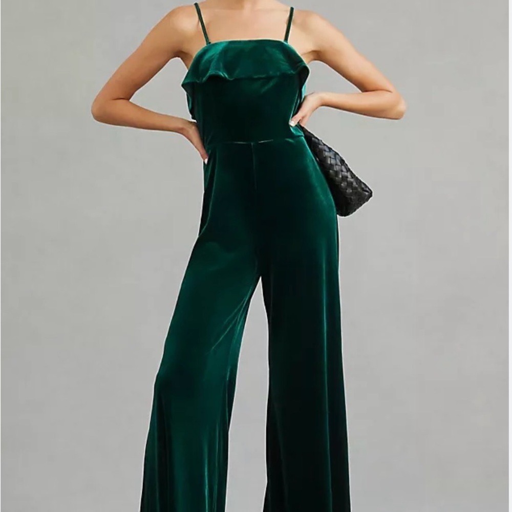 Corey Lynn Calter Emerald Green Velvet Wide Leg Jumpsuit Ruffle Neck M NWT Glam